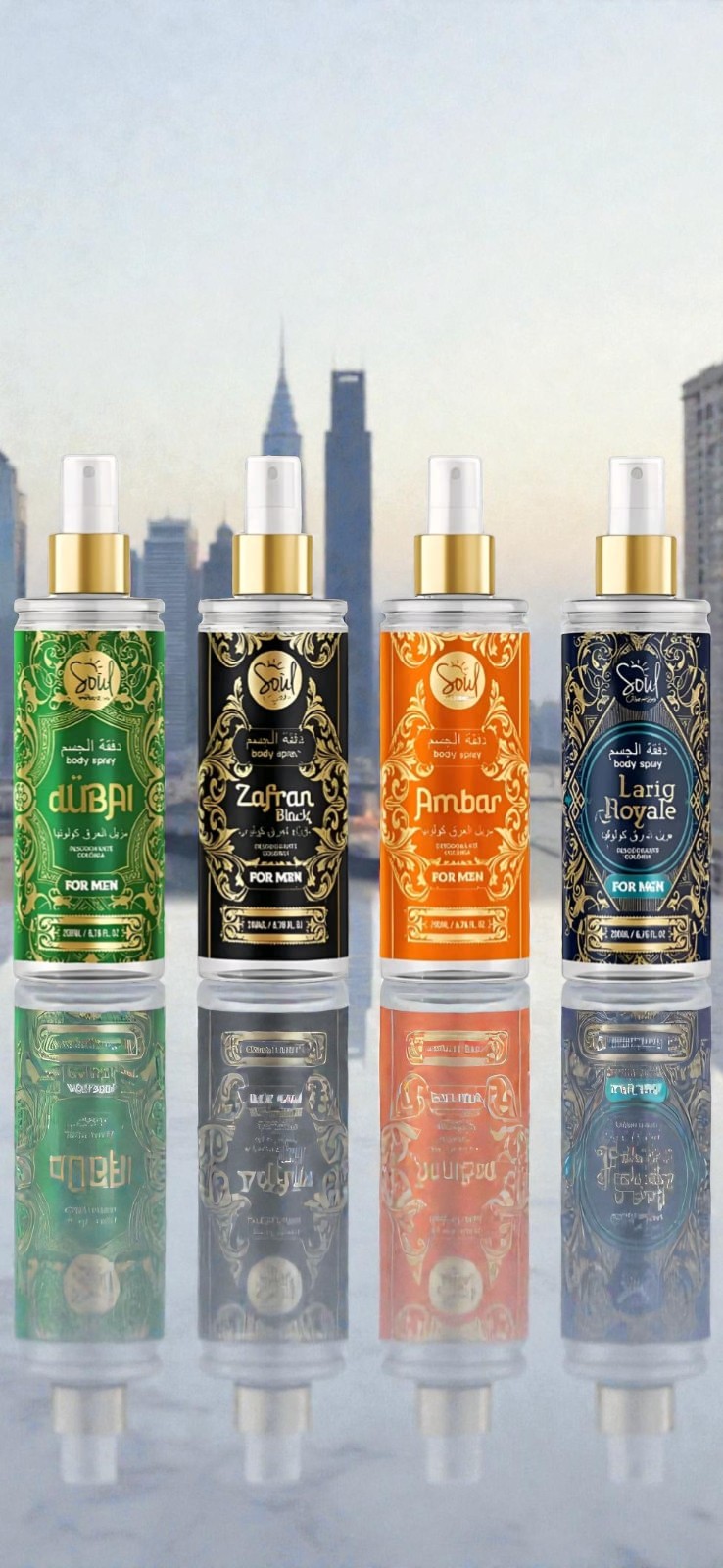 Kit Body Splash Árabe Masculino Soul Cosméticos – 4 fragrâncias Dubai Zafran Ambar Larig Royale